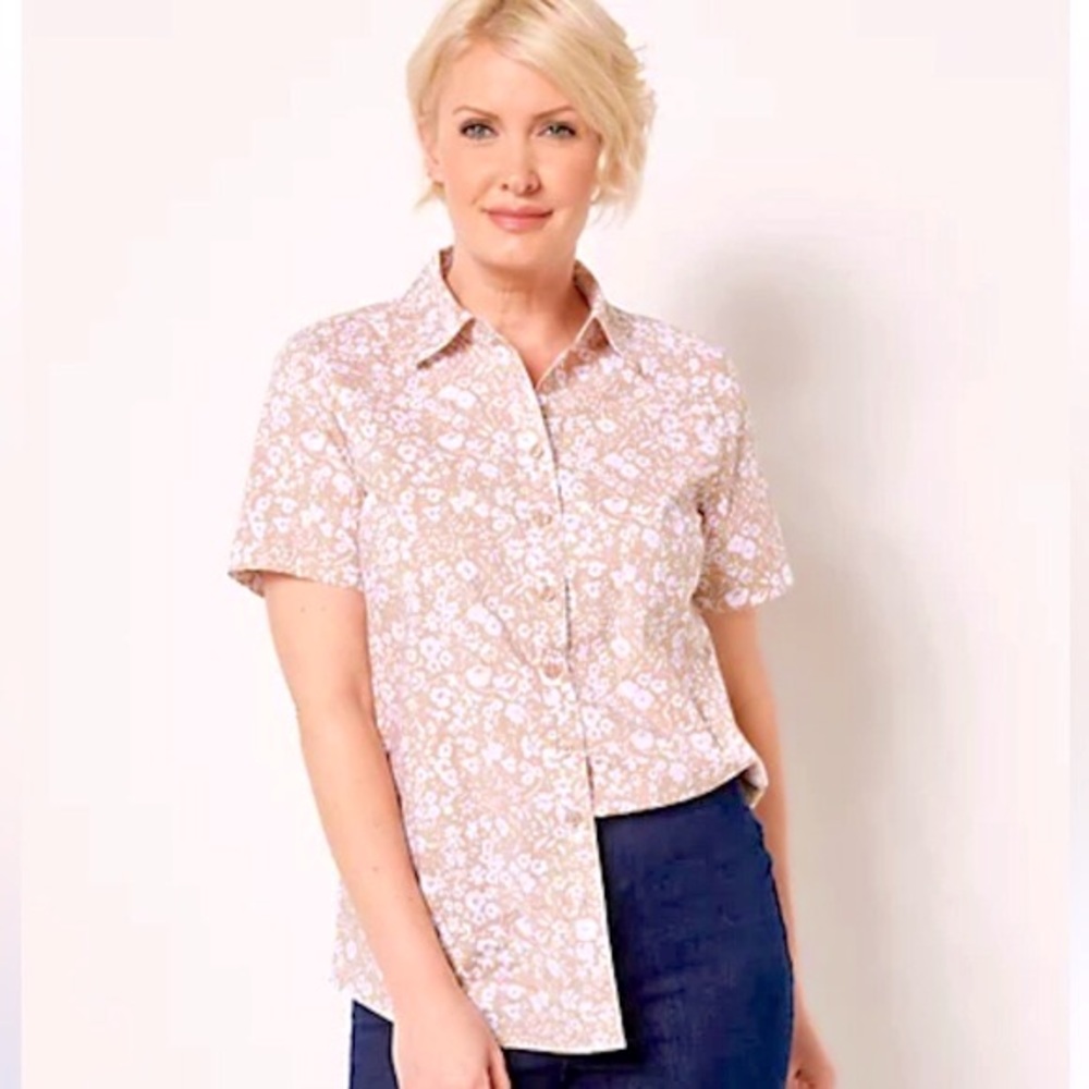 NWT Denim & Co. Printed Button Front Shirt in Taupe Floral, Size M